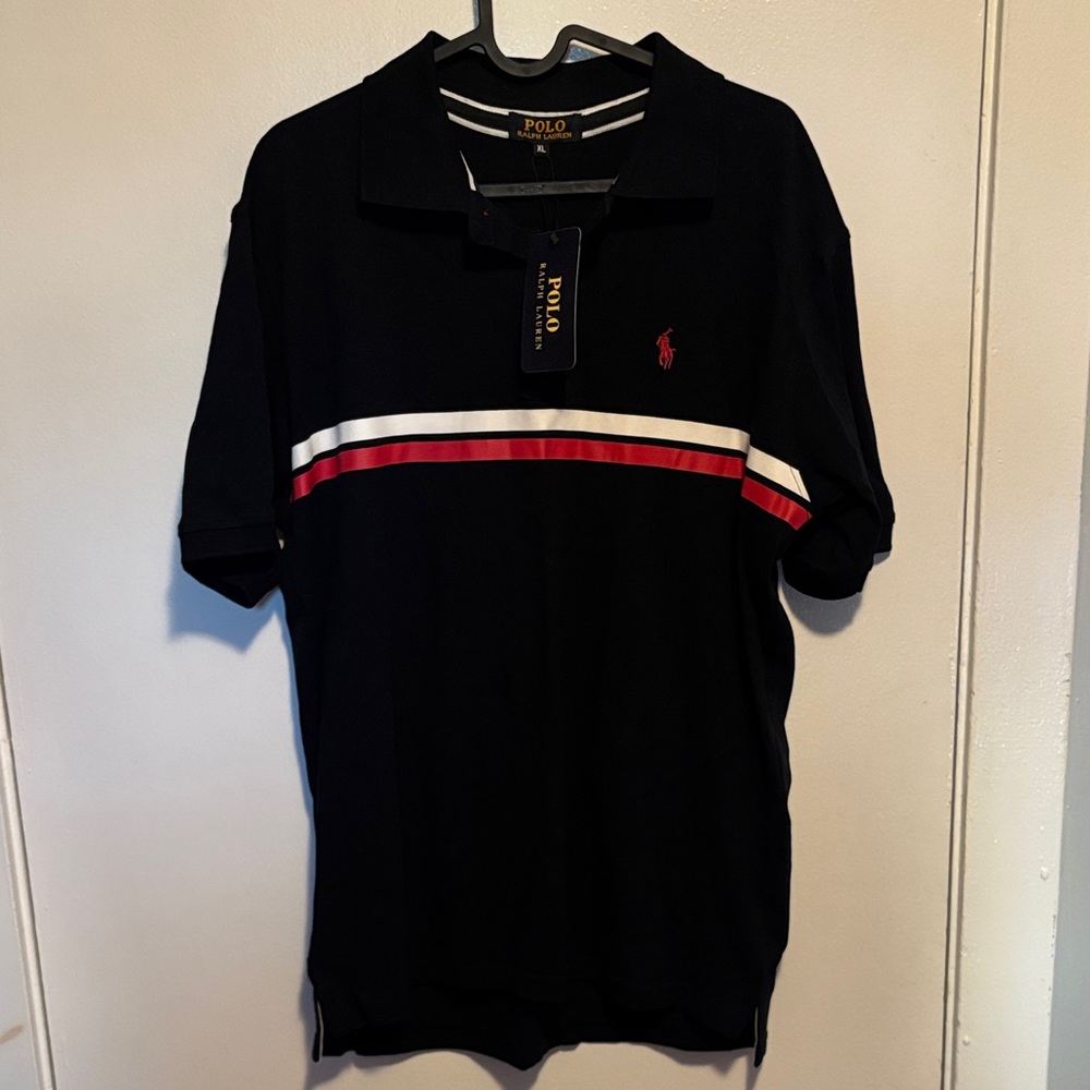NWT Polo Ralph Lauren Black Polo Shirt with Red and White Stripes